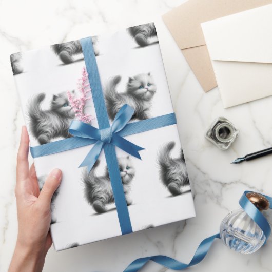 白にスケッチした子猫 ラッピングペーパー (ギフト)