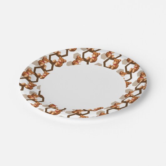 白にテディベアのイラストレーション ペーパープレート (アングル)