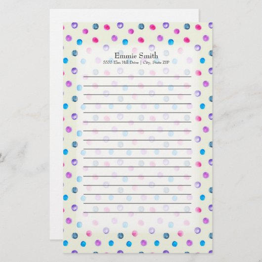 白にパーソナライズされたかわいいピンクの紫の青い点 便箋 (正面/裏面)