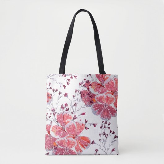 白にピンク色の花。 トートバッグ (正面)