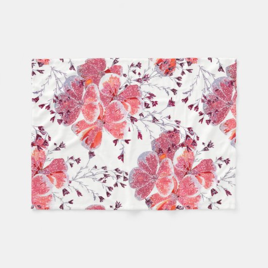 白にピンク色の花。 フリースブランケット (正面(横))