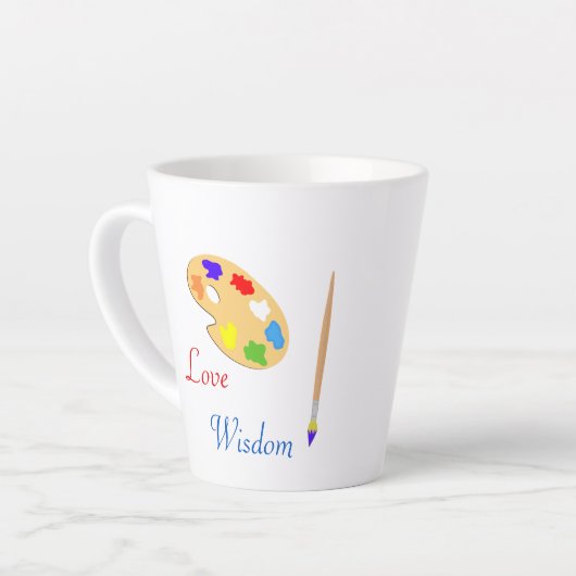 白にブラシと絵を描文字を付けたアートパレット カフェラテマグ (左アングル)