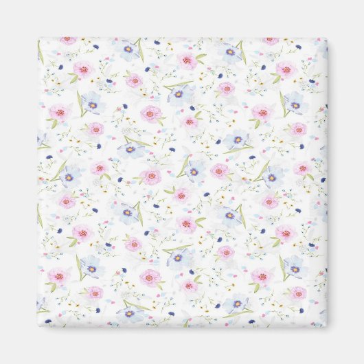 白に小さなピンクと青の花 マグネット (正面)