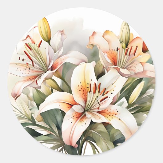 白に柔らかいユリの花 ラウンドシール (正面)