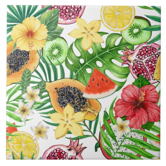 白に熱帯のミックスフルーツ、花離れや タイル (正面)