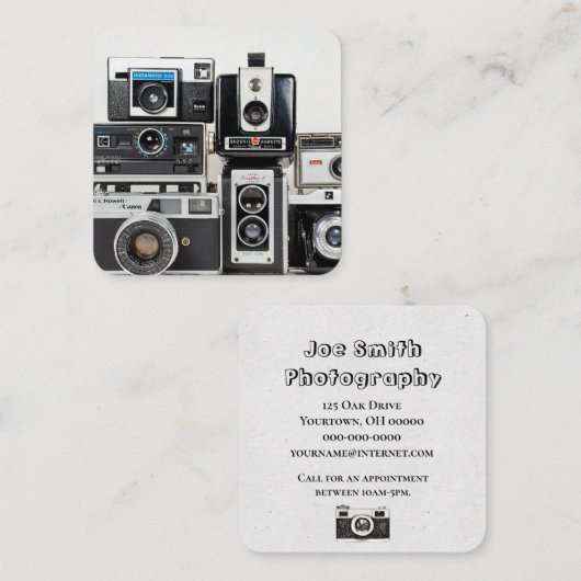 白に積み重ねた古いカメラコレクション スクエア名刺 (正面/裏面)