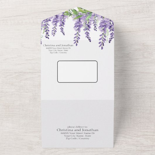 白に紫の藤のエレガント花 オールインワン招待状 (外側)