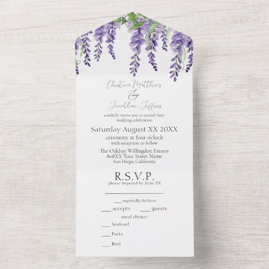 白に紫の藤のエレガント花 オールインワン招待状 (内側)