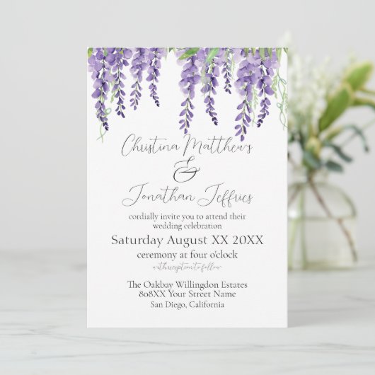 白に紫の藤のエレガント花 招待状 (スタンド正面)