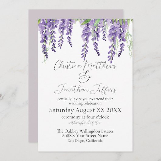 白に紫の藤のエレガント花 招待状 (正面/裏面)