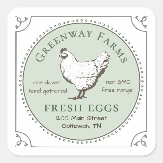 白に緑を縁ど付けた生卵ヴィンテージ スクエアシール (正面)