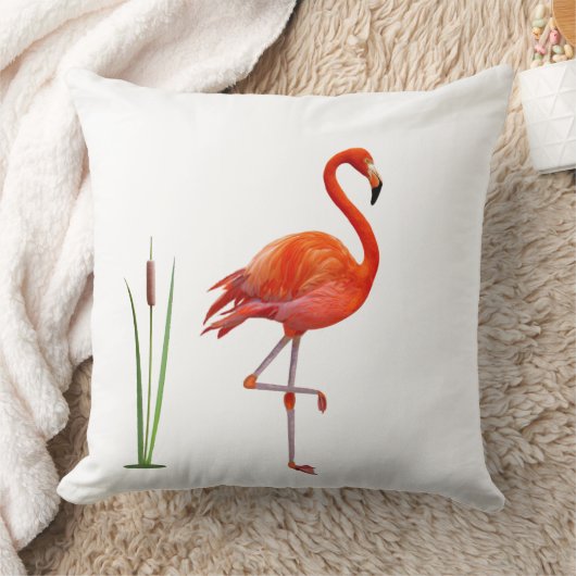 白に美しい赤いフラミンゴの鳥と葦の植物 クッション (ブランケット)