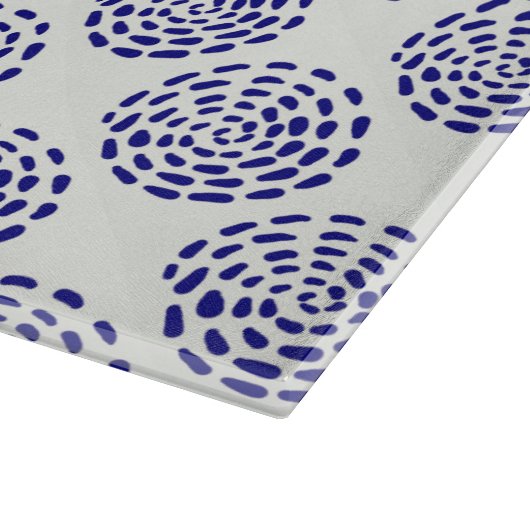 白に藍色ストライプのの濃い青の丸の模様 カッティングボード (角)