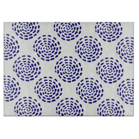 白に藍色ストライプのの濃い青の丸の模様 カッティングボード (正面)