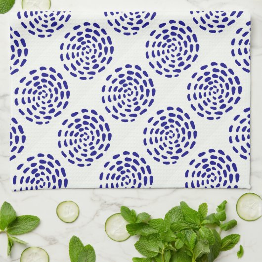 白に藍色ストライプのの濃い青の丸の模様 キッチンタオル (折り畳み)