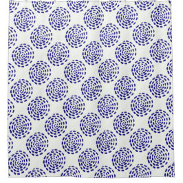 白に藍色ストライプのの濃い青の丸の模様 シャワーカーテン