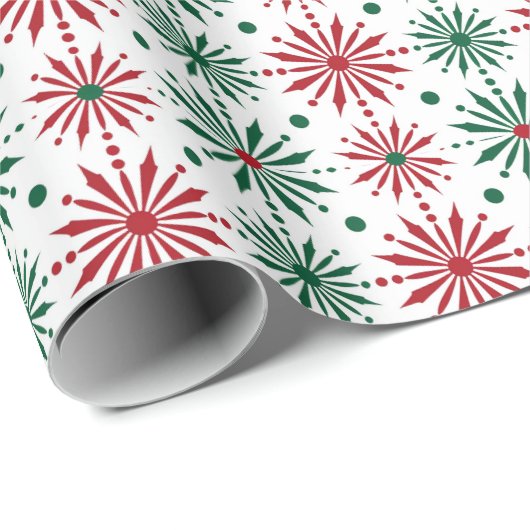 白に赤と緑のクリスマススノーフレーク ラッピングペーパー (ロールコーナー)