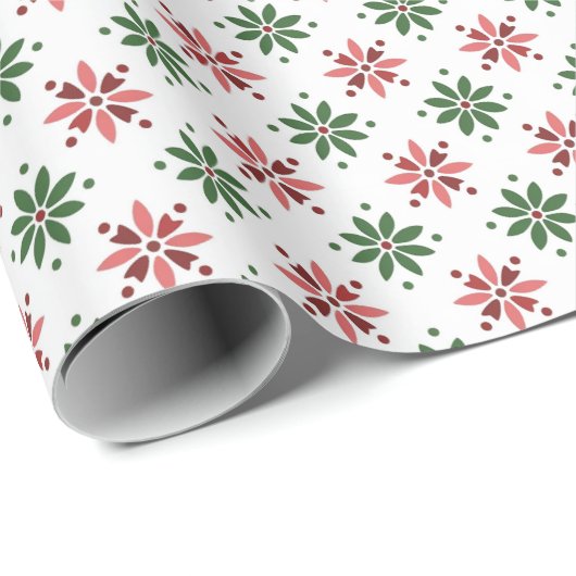 白に赤と緑の花の模様 ラッピングペーパー (ロールコーナー)