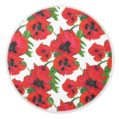 白に赤と黒の東洋のケシの模様 セラミックノブ (正面)