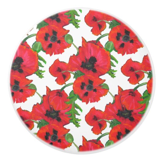 白に赤と黒の東洋のケシの模様 セラミックノブ (正面)