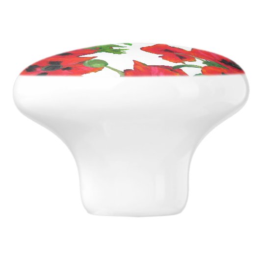 白に赤と黒の東洋のケシの模様 セラミックノブ (側面)