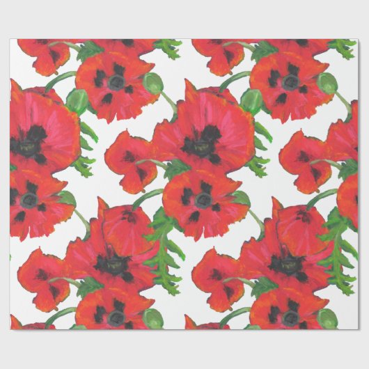 白に赤と黒の東洋のケシの模様 ラッピングペーパー (フラット)