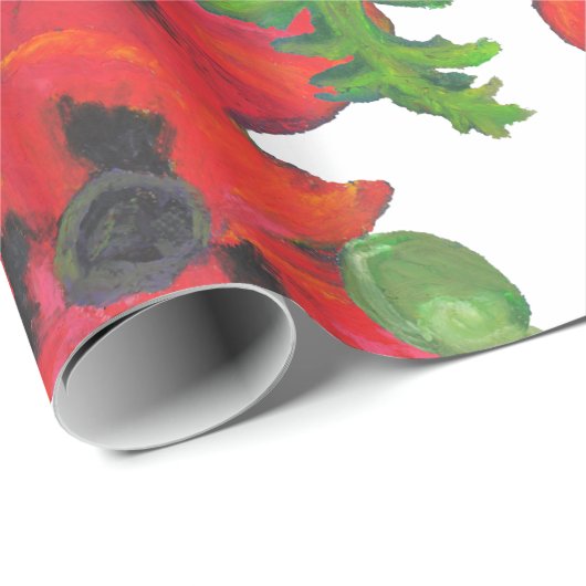 白に赤と黒の東洋のケシの模様 ラッピングペーパー (ロールコーナー)