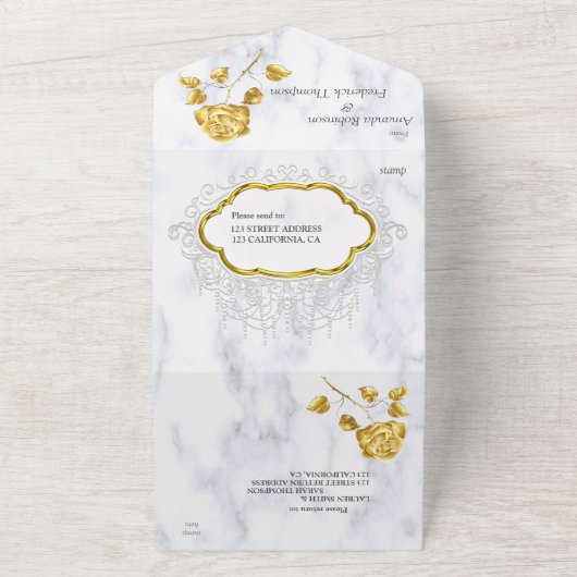 白に金のレースとバラ オールインワン招待状 (外側)