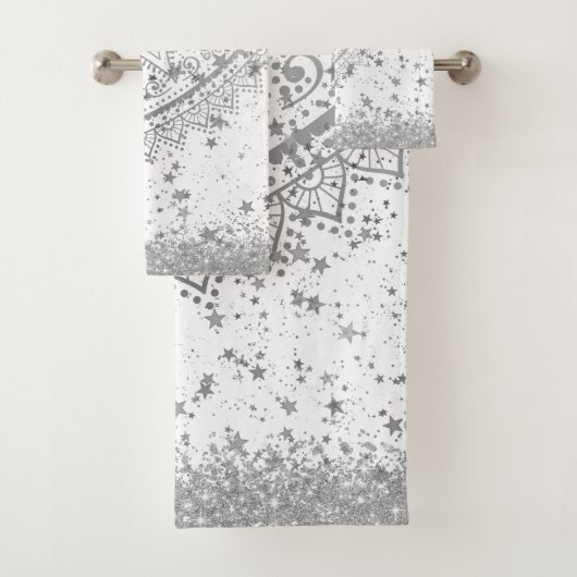 白に銀の星が輝く魅惑の曼荼羅 バスタオルセット (インサイチュ)