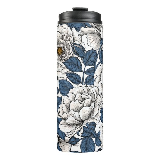 白に青いバラ葉の花 タンブラー (正面)