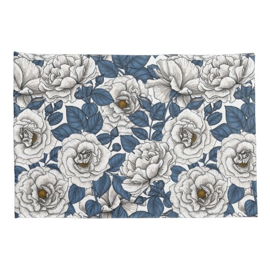 白に青いバラ葉の花 枕カバー (裏面-右)