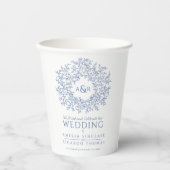 白に青い手描き葉モノグラム結婚アートの 紙コップ (正面)
