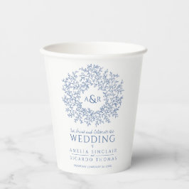 白に青い手描き葉モノグラム結婚アートの 紙コップ