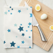 白に青の複数の色合いの星 キッチンタオル (四つ折り)