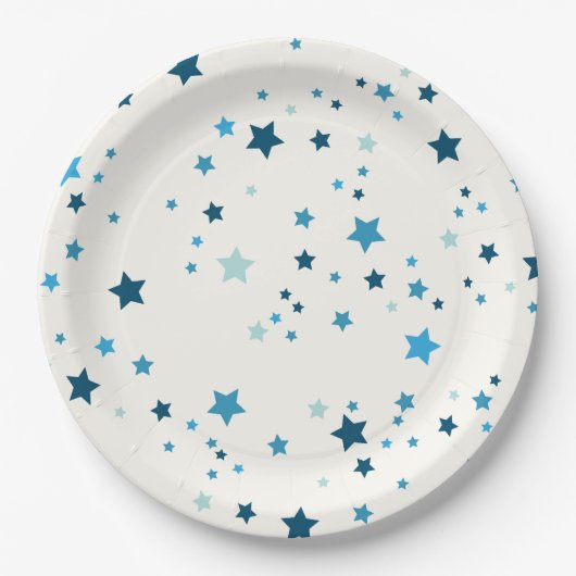 白に青の複数の色合いの星 ペーパープレート (正面)