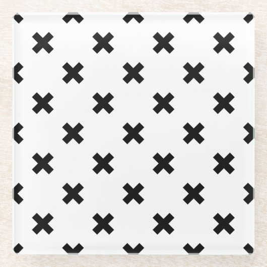 白に黒いポルカが交差 ガラスコースター (正面)