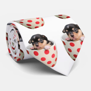 白のかわいいティーカップの子犬パターン ネクタイ