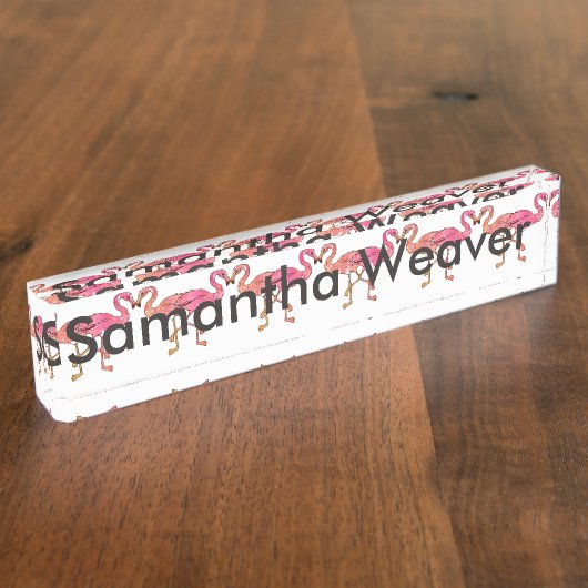 白のかわいいピンクの水彩画のフラミンゴ デスクネームプレート (側面)