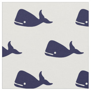 白のかわいく小さい濃紺のクジラパターン ファブリック