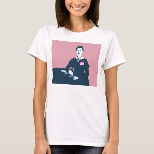 白のエミリー・ディキンソンのピンクおよび青いワイシャツ Tシャツ (正面)