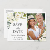 白のエレガントバラPHOTO結婚式の日付を保存 ポストカード (正面/裏面)