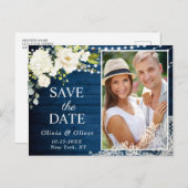 白のエレガントバラPHOTO結婚式の日付を保存 ポストカード (正面/裏面)