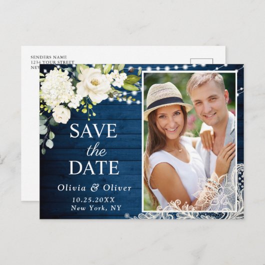 白のエレガントバラPHOTO結婚式の日付を保存 ポストカード (正面/裏面)