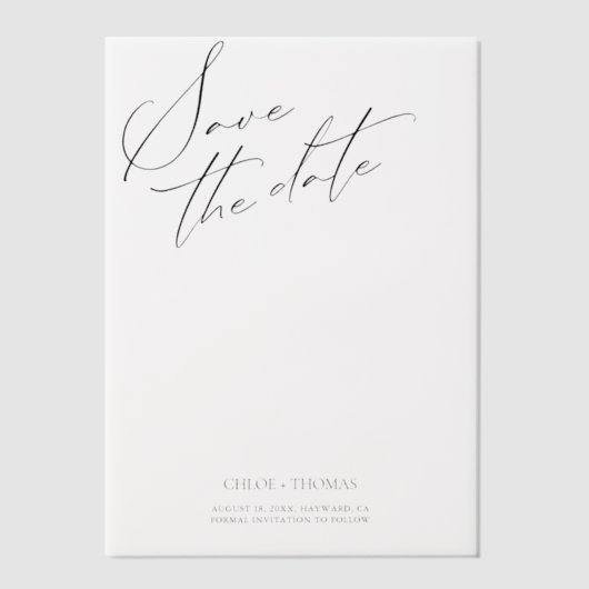 白のエレガントミニマリストのスクリプト写真 ベラム紙招待状 (正面)