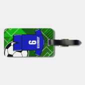白のサッカージャージーのパーソナライズな青 ラゲッジタグ (裏面横)