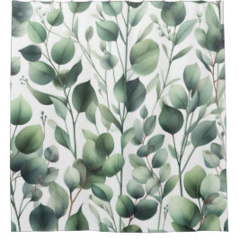 白のシャワーカーテンに緑のユーカリの葉 シャワーカーテン
