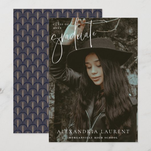 白のスクリプトポートレートの卒業写真 案内状 (正面/裏面)