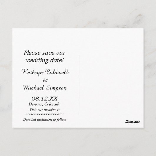 白のスクリプト写真テンプレート日付の結婚保存 ポストカード (裏面)