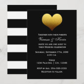 白のストライプが入ったブラックのゴールドハート招待状 招待状 (正面/裏面)