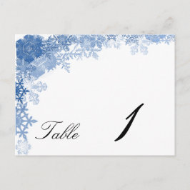 白のテーブル番号結婚上の青いスノーフレーク ポストカード